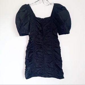 H&M Black Taffeta Dress Ruched Puff Sleeve Size 4